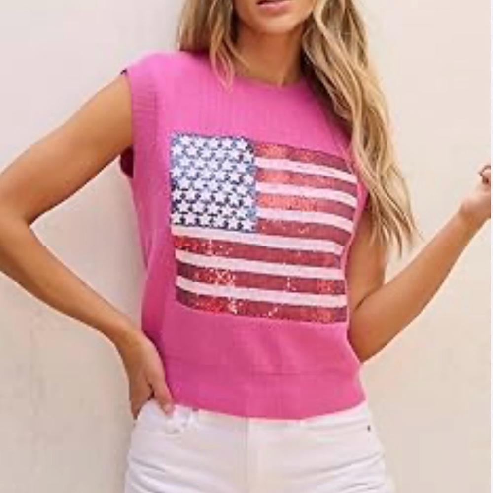 Women’s Pink Sleeveless Knit Vest Top with American Flag Sequin Design Size 2XL